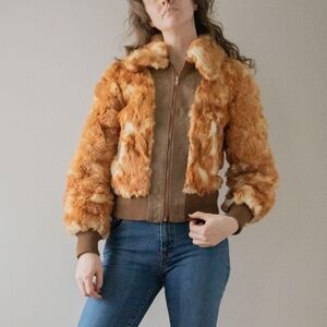 Vintage 70s Dino Ricco Rabbit Fur & Leather Tan Brown Cream Luxury Bomber Jacket